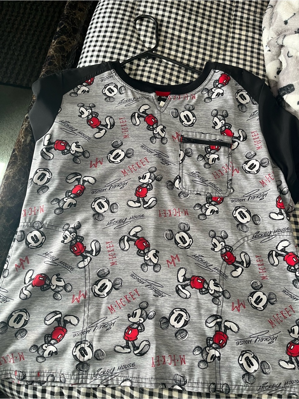 Disney Gray Mickey Mouse Pullover scrub Top with Black Sleeves and Red Accents
